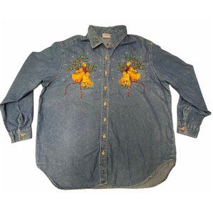 Vtg Christmas Bobbie Brooks Woman's Denim Button Up Shirt Embroidered 14/16